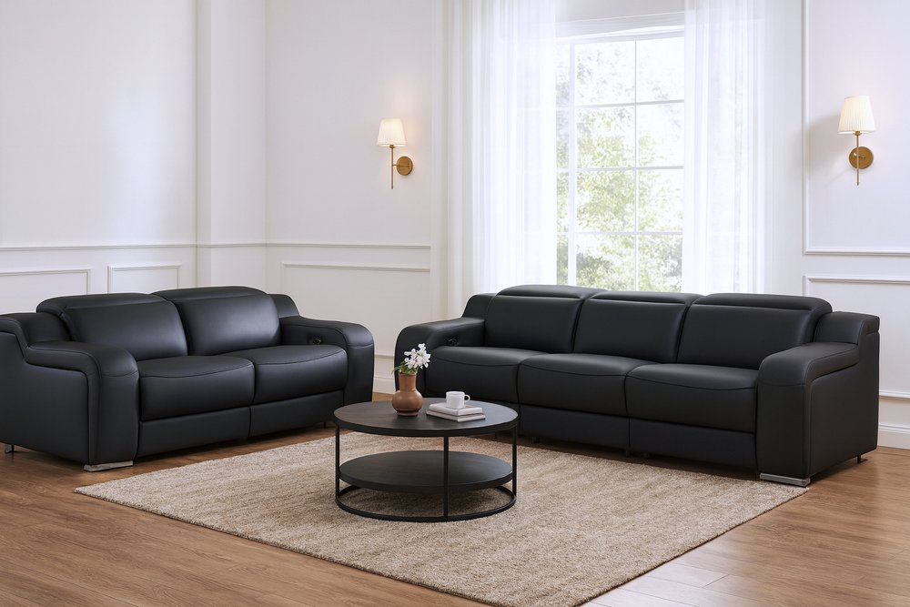 Two Piece Black Leather Five Person Seating Set