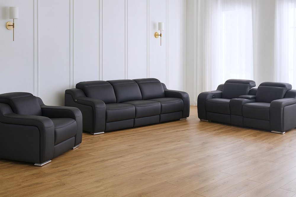 Three Piece Black Leather Six Person Seating Set