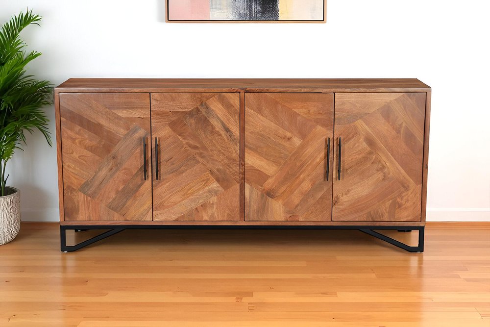 Brown Solid Wood Carved Geometric Sideboard with Four Doors - 82-inch