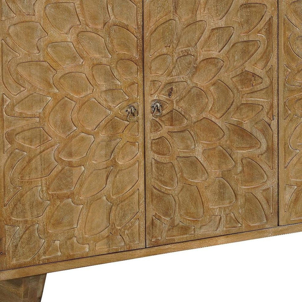 Brown Distressed Solid Wood Carved Floral Sideboard with Four Doors - 70-inch