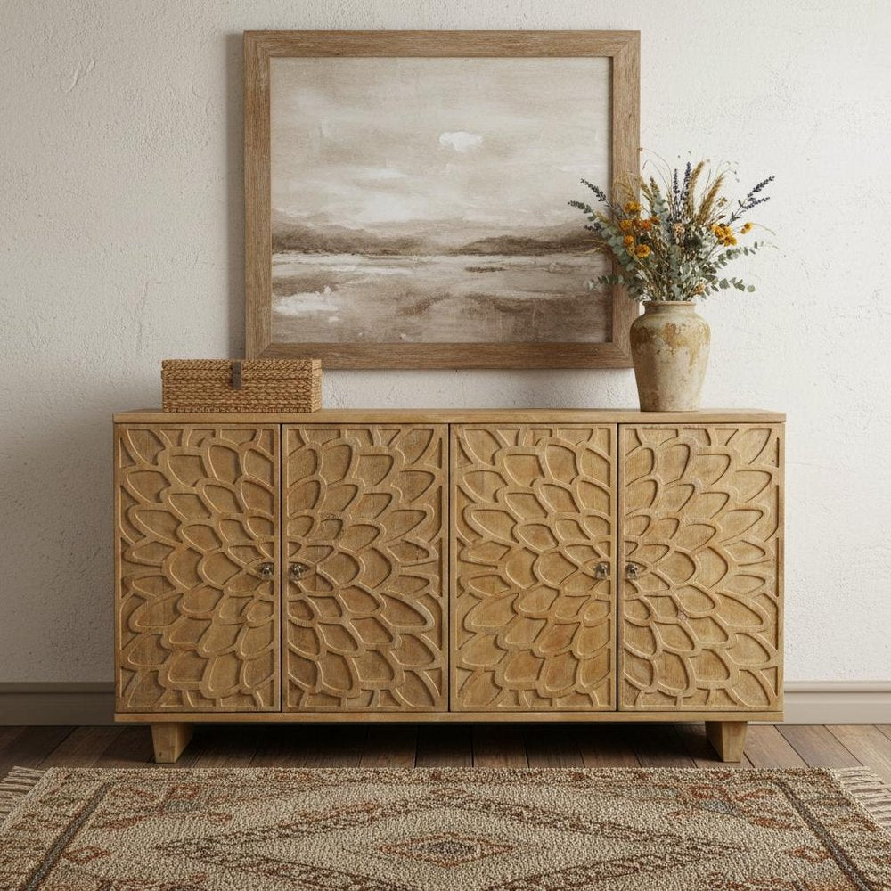 Brown Distressed Solid Wood Carved Floral Sideboard with Four Doors - 70-inch
