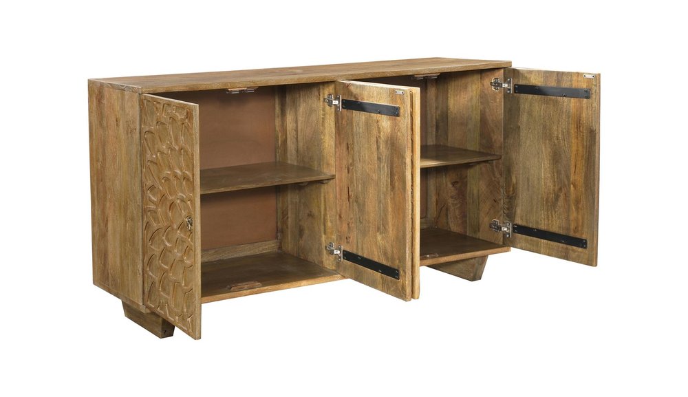 Brown Distressed Solid Wood Carved Floral Sideboard with Four Doors - 70-inch