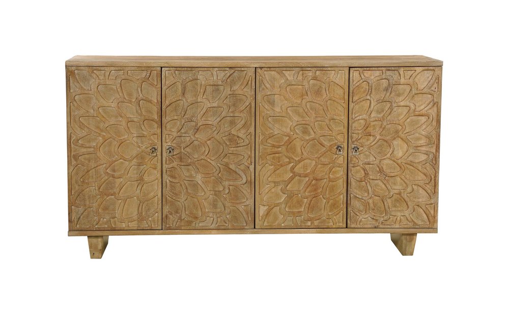 Brown Distressed Solid Wood Carved Floral Sideboard with Four Doors - 70-inch