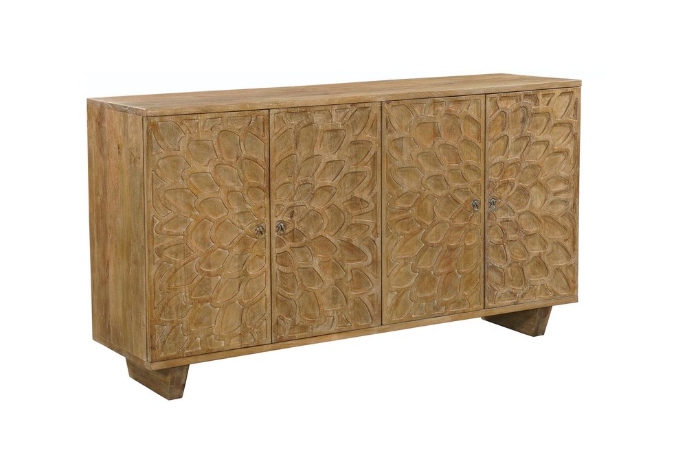 Brown Distressed Solid Wood Carved Floral Sideboard with Four Doors - 70-inch