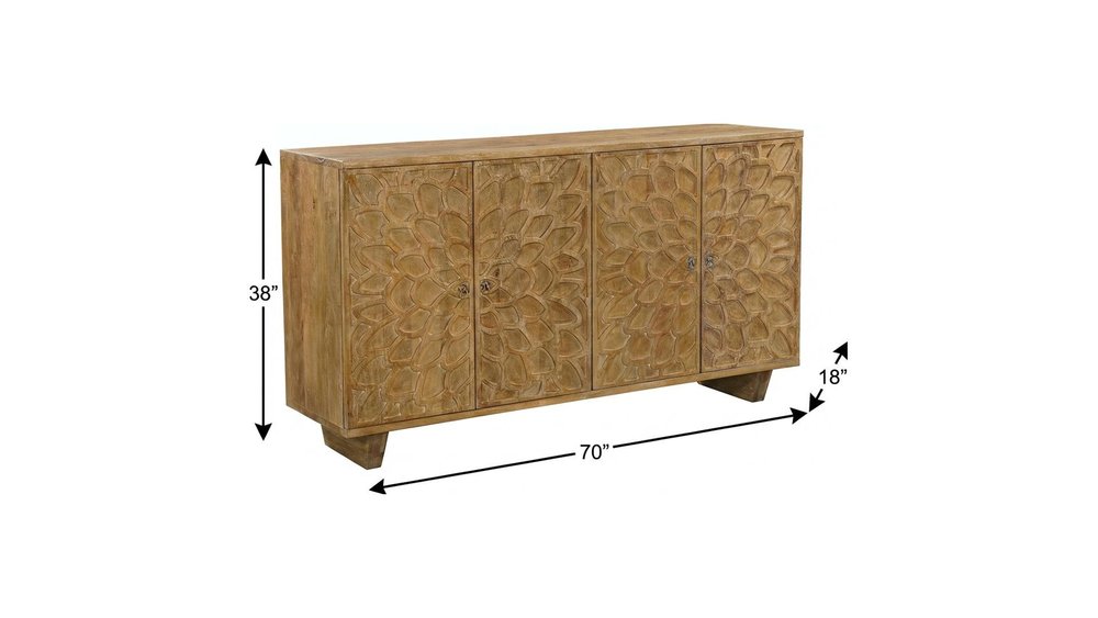 Brown Distressed Solid Wood Carved Floral Sideboard with Four Doors - 70-inch