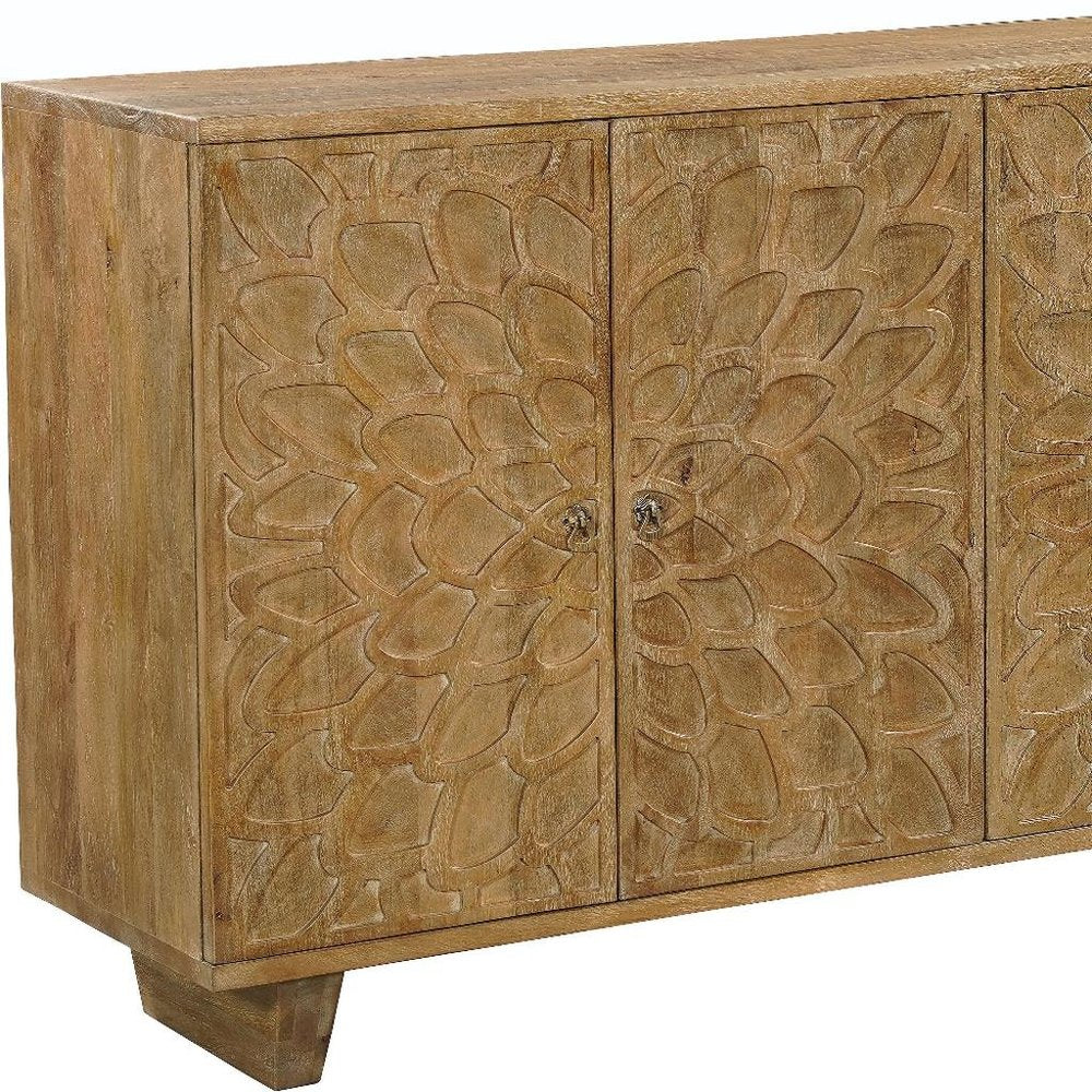 Brown Distressed Solid Wood Carved Floral Sideboard with Four Doors - 70-inch