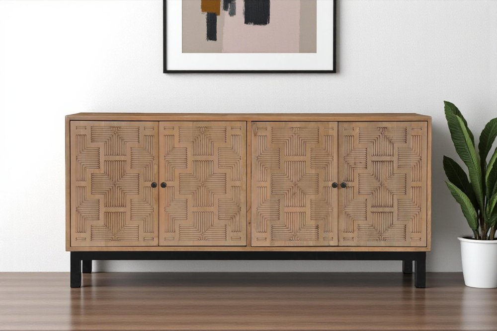 Brown Solid Wood Carved Geometric Sideboard with Four Doors - 80-inch