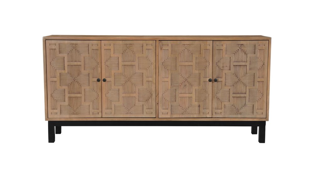 Brown Solid Wood Carved Geometric Sideboard with Four Doors - 80-inch