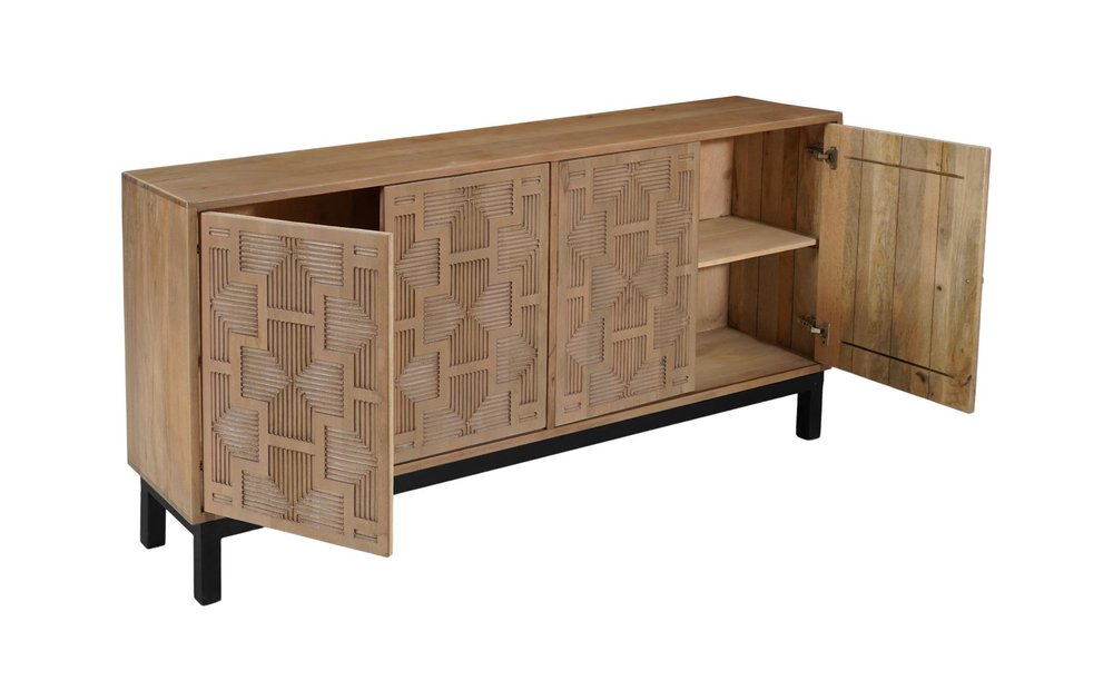 Brown Solid Wood Carved Geometric Sideboard with Four Doors - 80-inch