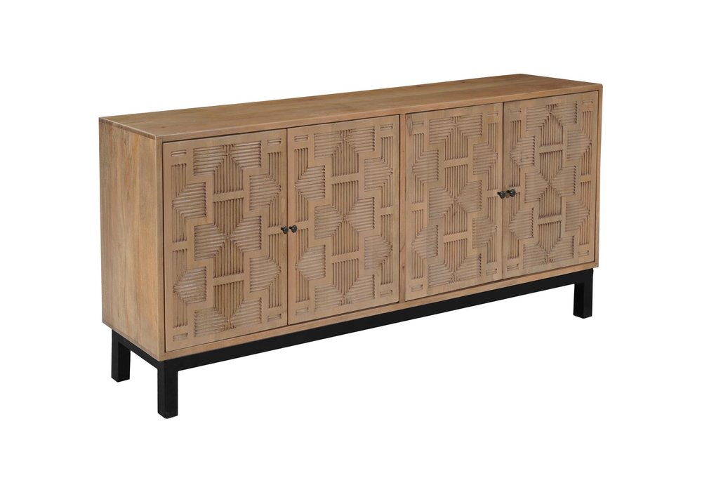 Brown Solid Wood Carved Geometric Sideboard with Four Doors - 80-inch