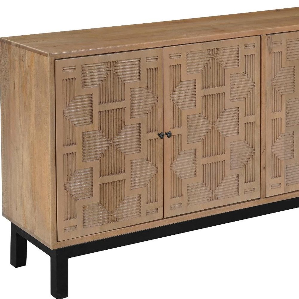 Brown Solid Wood Carved Geometric Sideboard with Four Doors - 80-inch