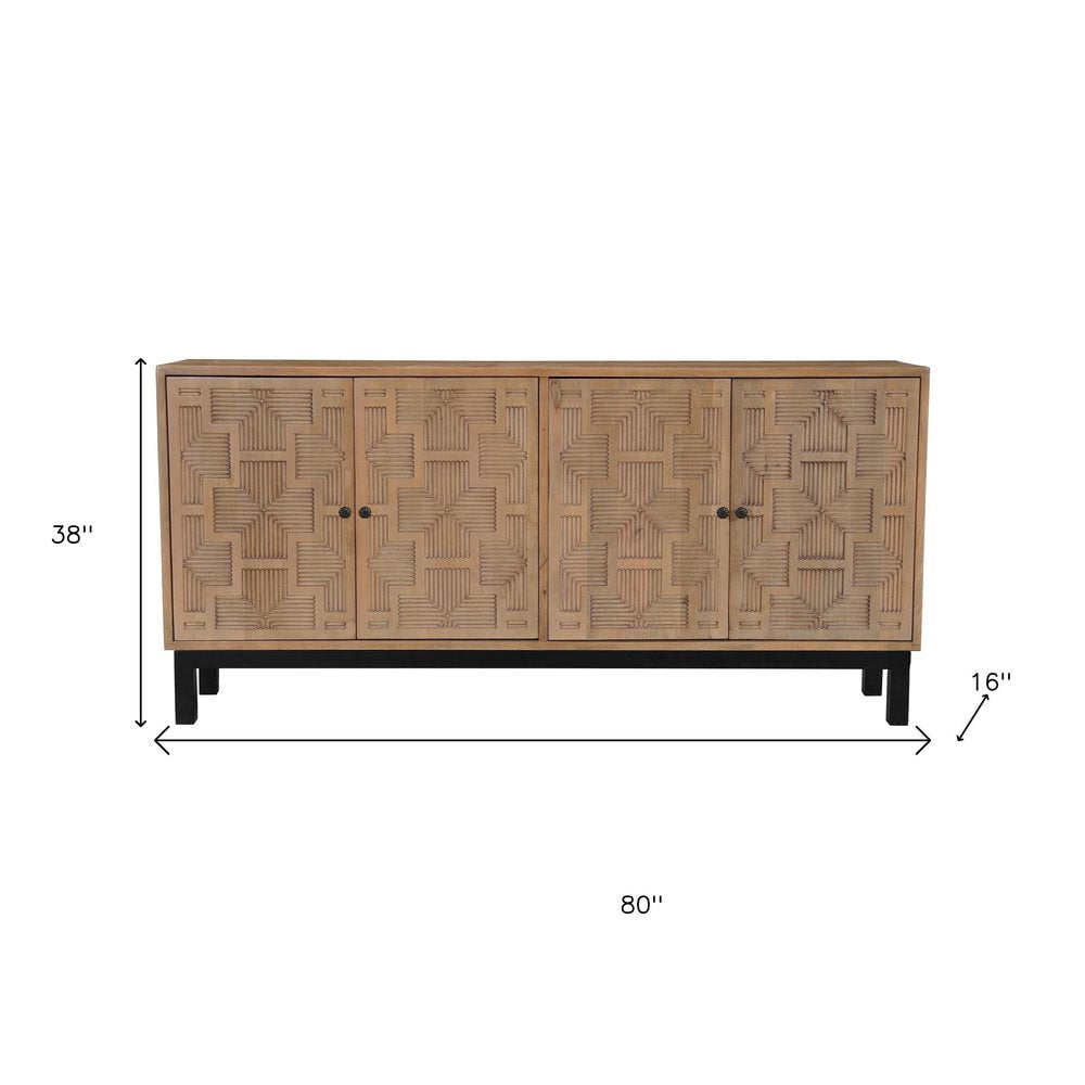 Brown Solid Wood Carved Geometric Sideboard with Four Doors - 80-inch