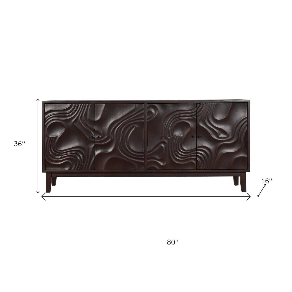 Dark Brown Solid Wood Carved Abstract Sideboard with Four Doors - 80-inch
