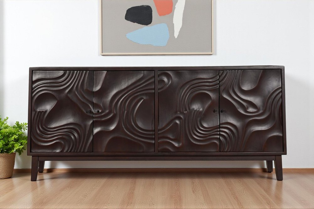 Dark Brown Solid Wood Carved Abstract Sideboard with Four Doors - 80-inch