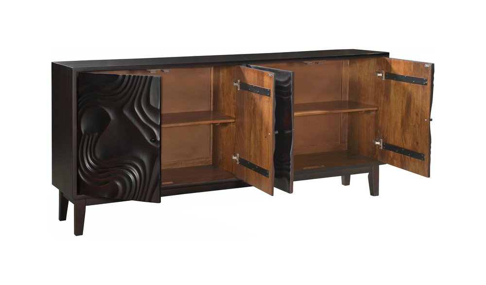 Dark Brown Solid Wood Carved Abstract Sideboard with Four Doors - 80-inch