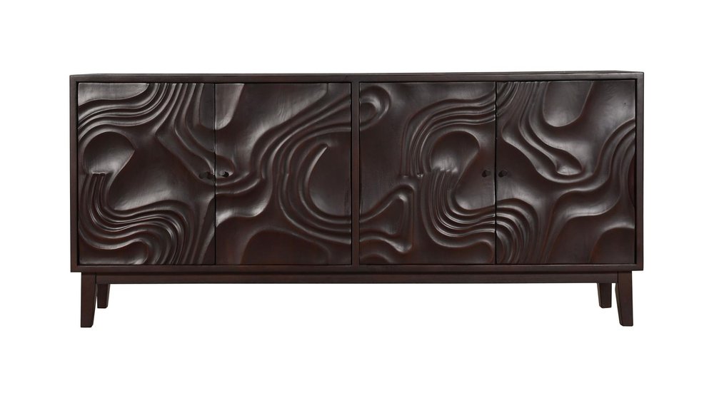 Dark Brown Solid Wood Carved Abstract Sideboard with Four Doors - 80-inch