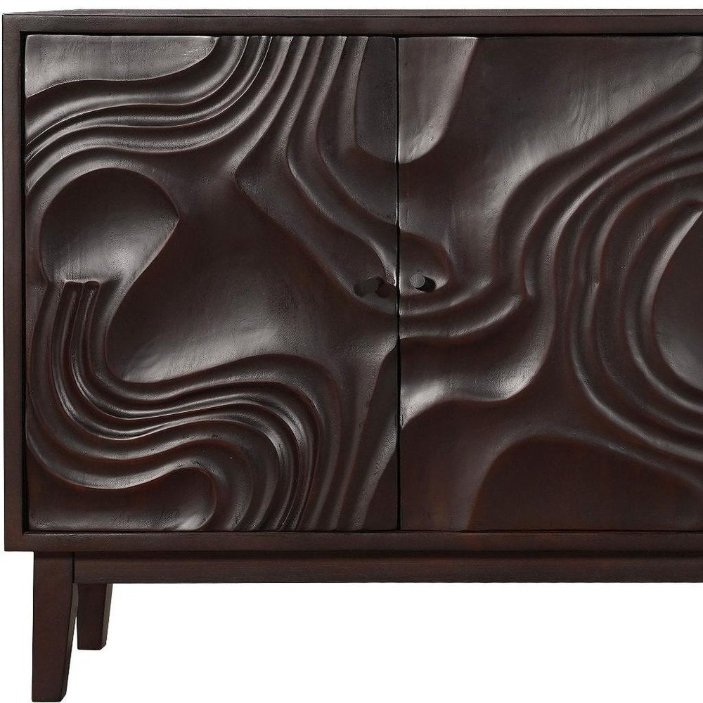 Dark Brown Solid Wood Carved Abstract Sideboard with Four Doors - 80-inch