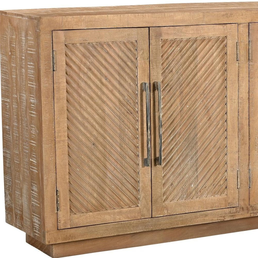 Natural Distressed Solid Wood Carved Geometric Sideboard with Four Doors