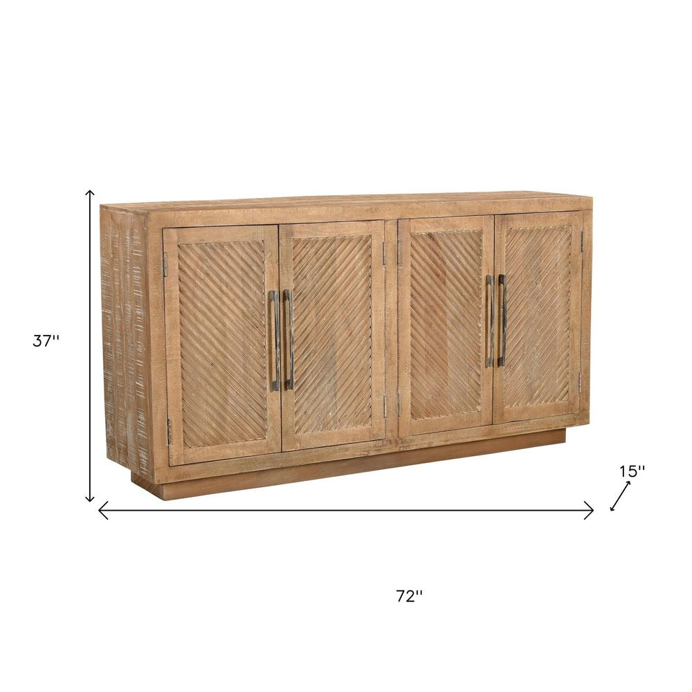 Natural Distressed Solid Wood Carved Geometric Sideboard with Four Doors