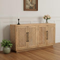 Natural Distressed Solid Wood Carved Geometric Sideboard with Four Doors