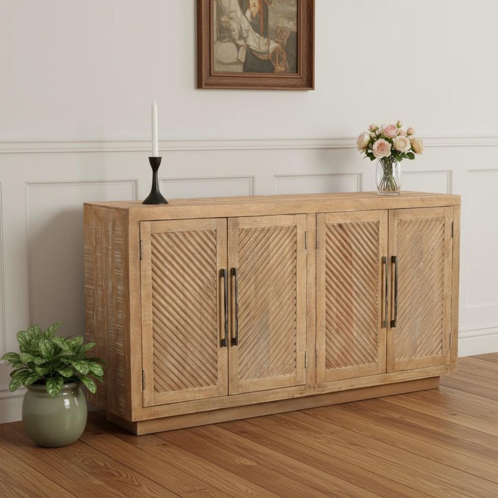 Natural Distressed Solid Wood Carved Geometric Sideboard with Four Doors
