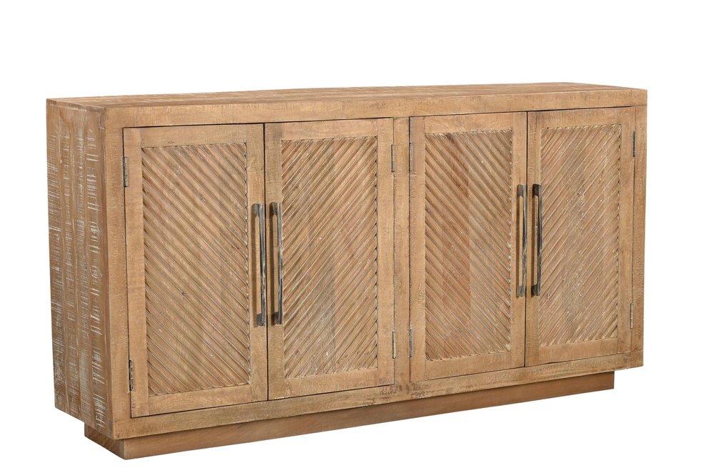 Natural Distressed Solid Wood Carved Geometric Sideboard with Four Doors