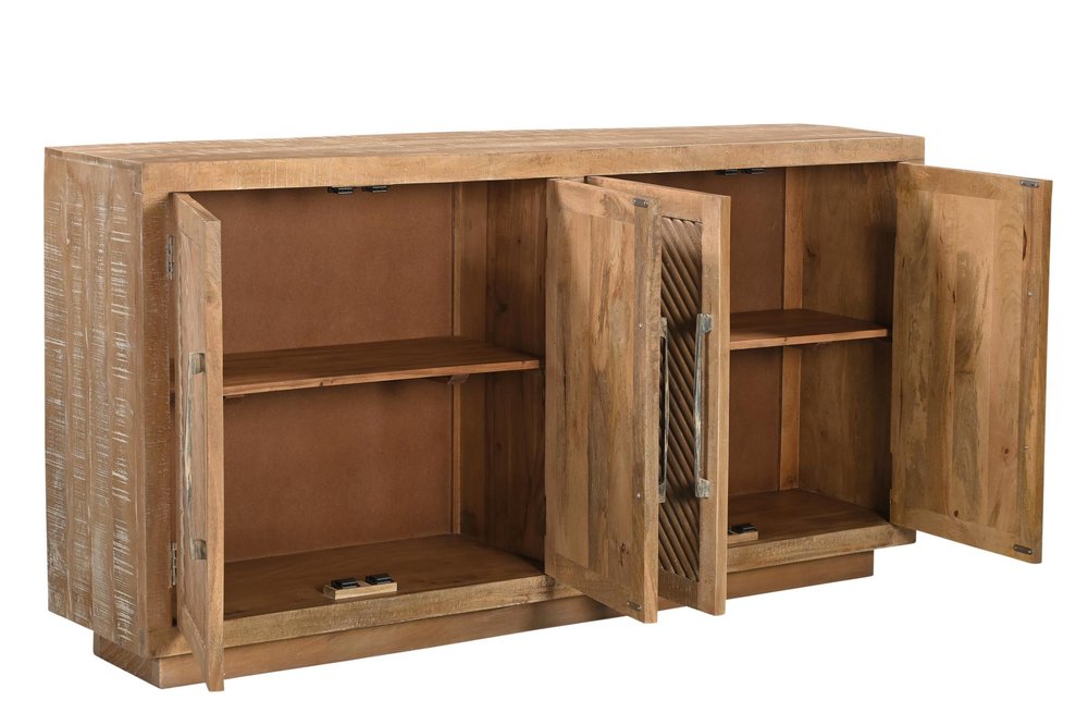Natural Distressed Solid Wood Carved Geometric Sideboard with Four Doors