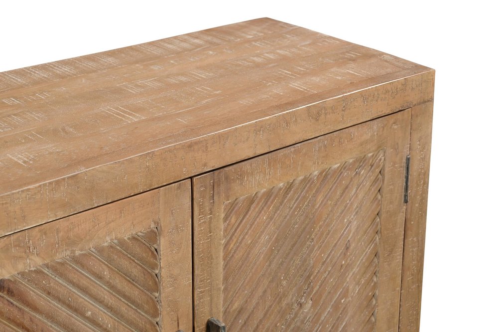 Natural Distressed Solid Wood Carved Geometric Sideboard with Four Doors