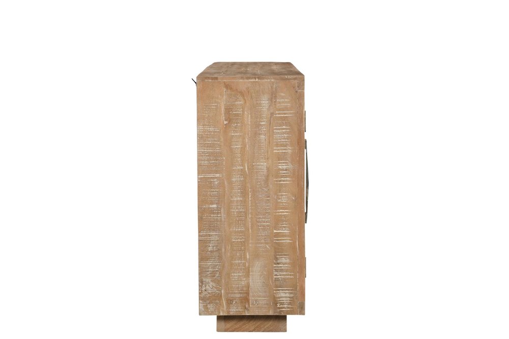 Natural Distressed Solid Wood Carved Geometric Sideboard with Four Doors