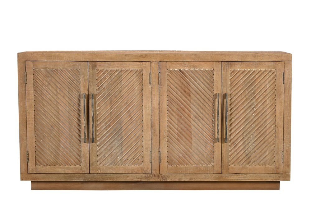 Natural Distressed Solid Wood Carved Geometric Sideboard with Four Doors