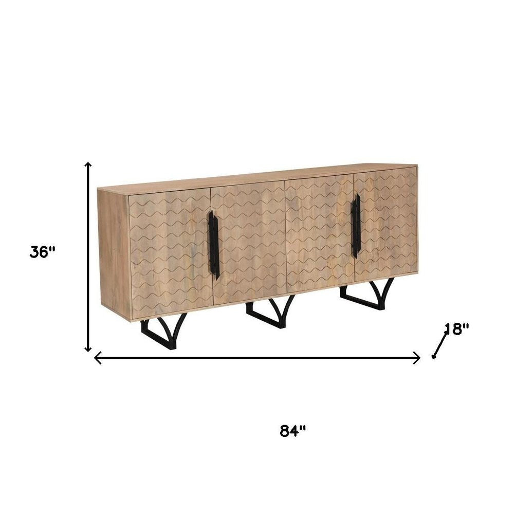 Beige Solid Wood Carved Geometric Sideboard with Four Doors - 84-inch