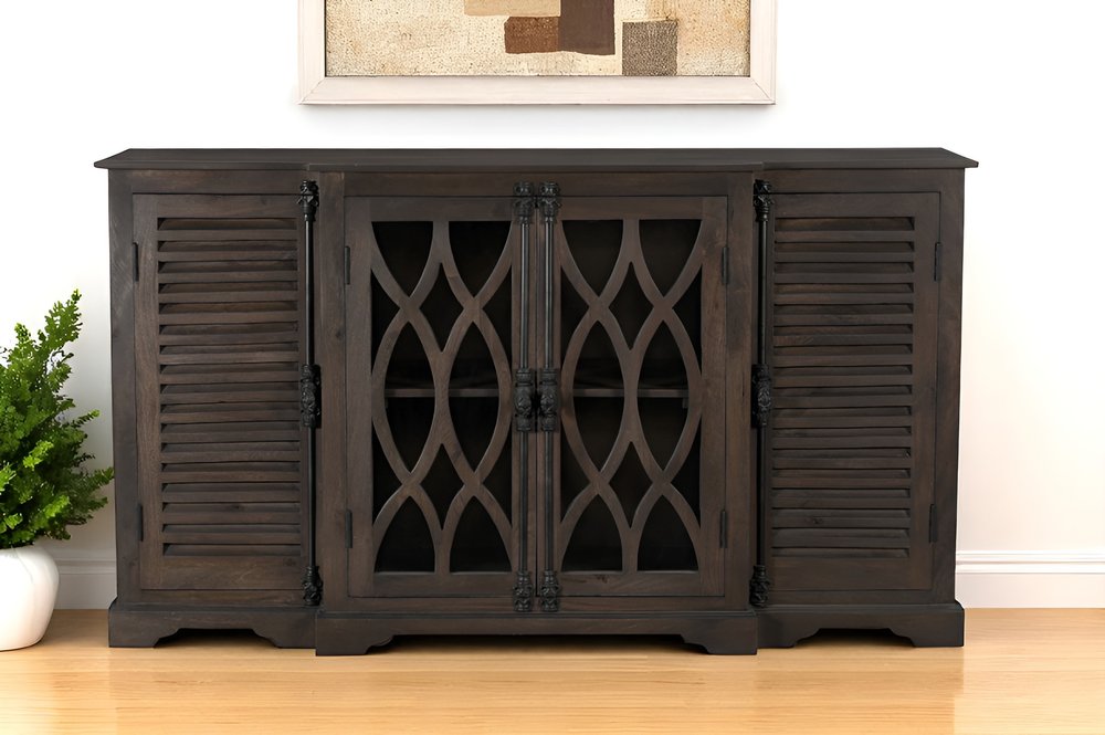 Dark Brown Solid Wood Carved Geometric Sideboard with Four Doors - 70-inch