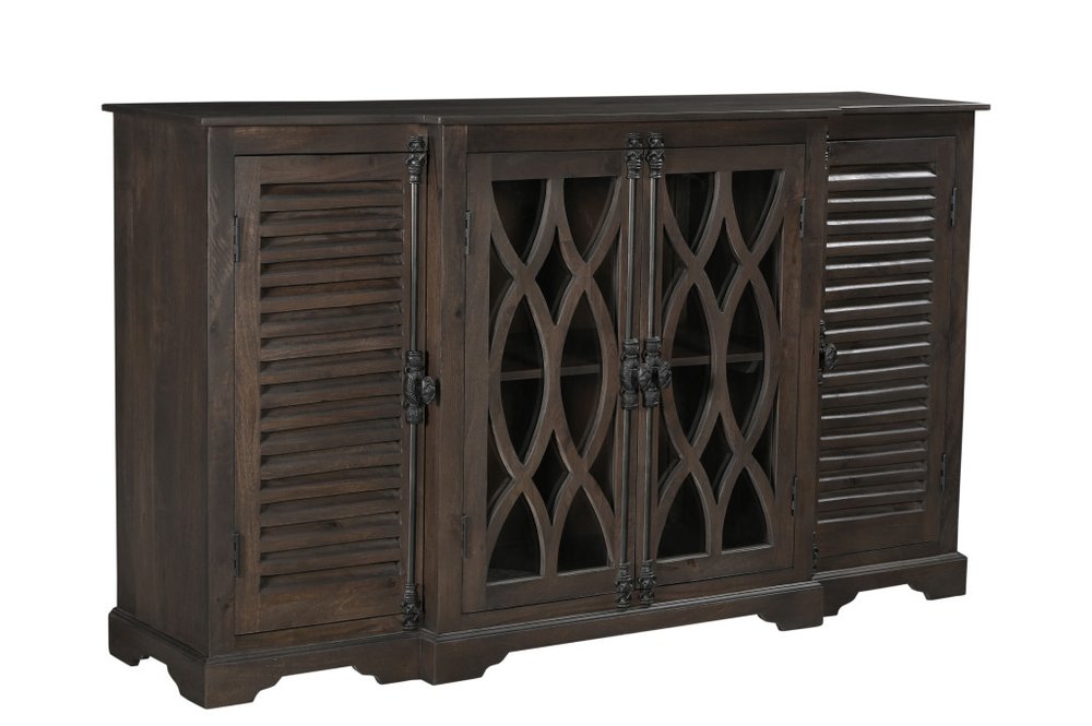 Dark Brown Solid Wood Carved Geometric Sideboard with Four Doors - 70-inch