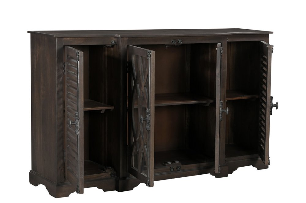 Dark Brown Solid Wood Carved Geometric Sideboard with Four Doors - 70-inch