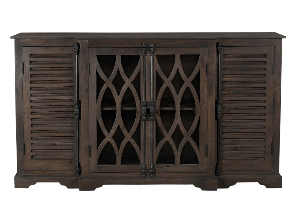 Dark Brown Solid Wood Carved Geometric Sideboard with Four Doors - 70-inch