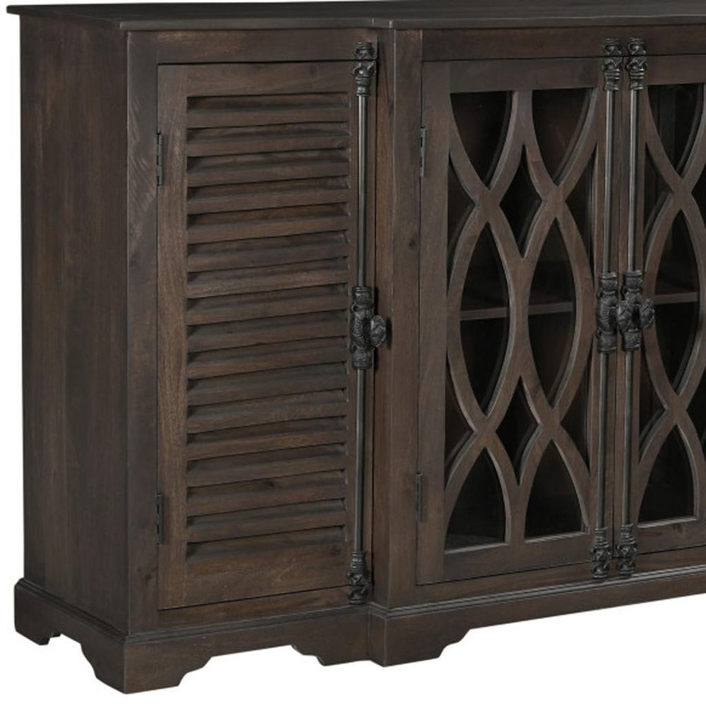 Dark Brown Solid Wood Carved Geometric Sideboard with Four Doors - 70-inch