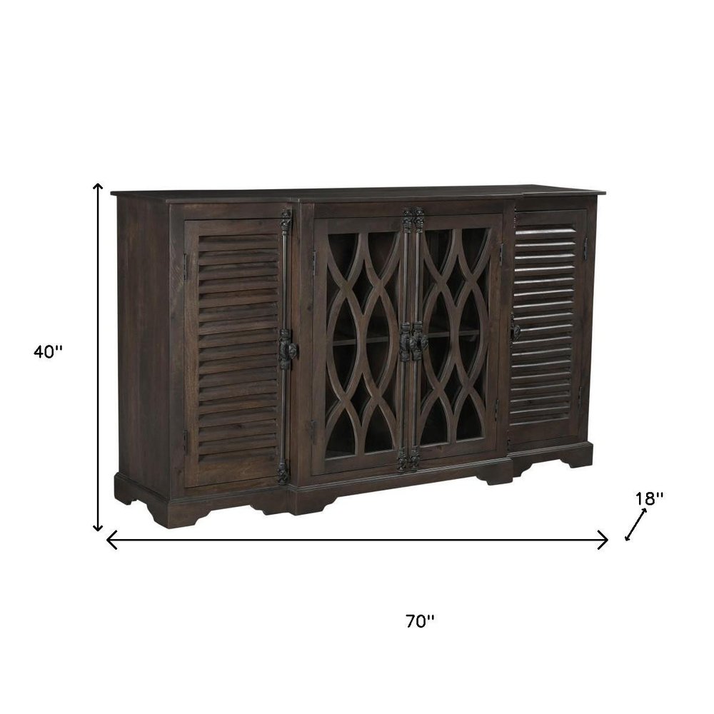 Dark Brown Solid Wood Carved Geometric Sideboard with Four Doors - 70-inch