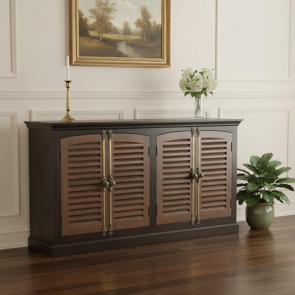Dark Brown Solid Wood Shutter Style Sideboard with Four Doors - 72-inch
