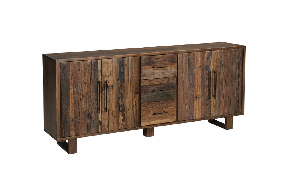 Dark Brown Distressed Reclaimed Wood Three Drawer Sideboard with Four Doors
