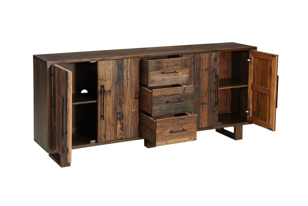 Dark Brown Distressed Reclaimed Wood Three Drawer Sideboard with Four Doors