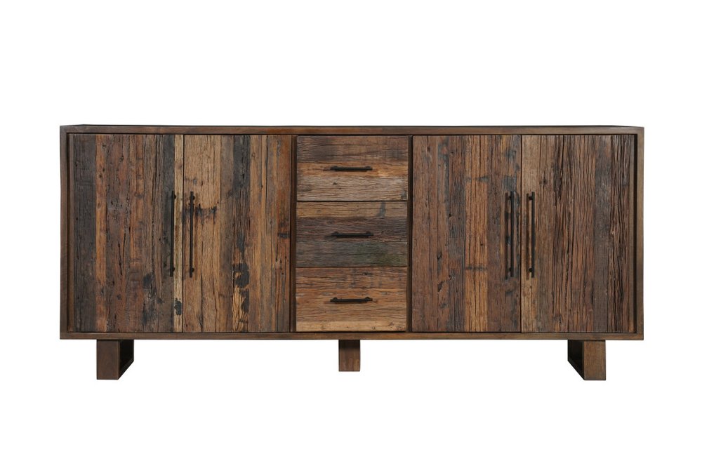 Dark Brown Distressed Reclaimed Wood Three Drawer Sideboard with Four Doors