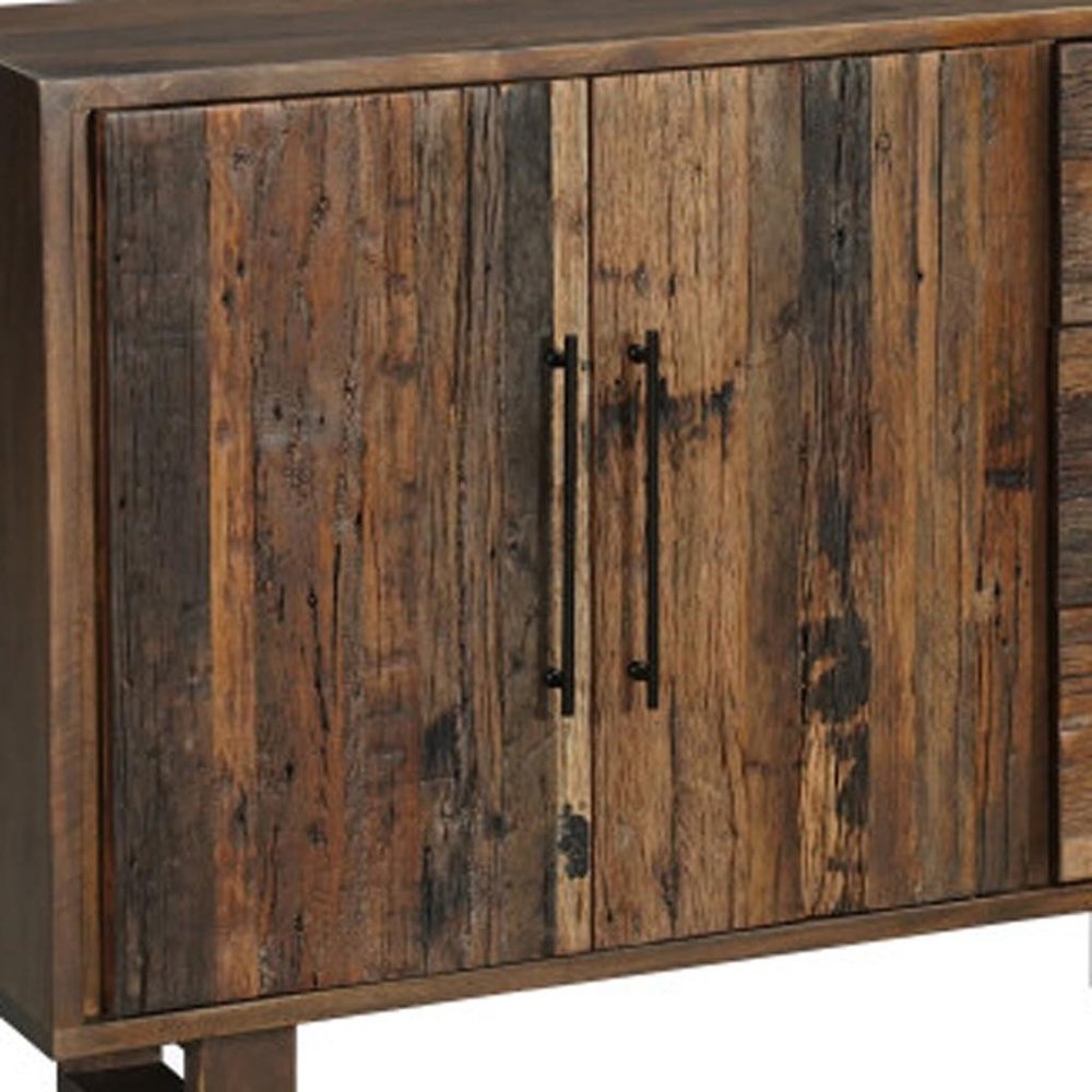 Dark Brown Distressed Reclaimed Wood Three Drawer Sideboard with Four Doors