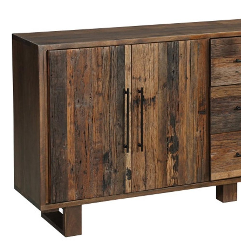Dark Brown Distressed Reclaimed Wood Three Drawer Sideboard with Four Doors