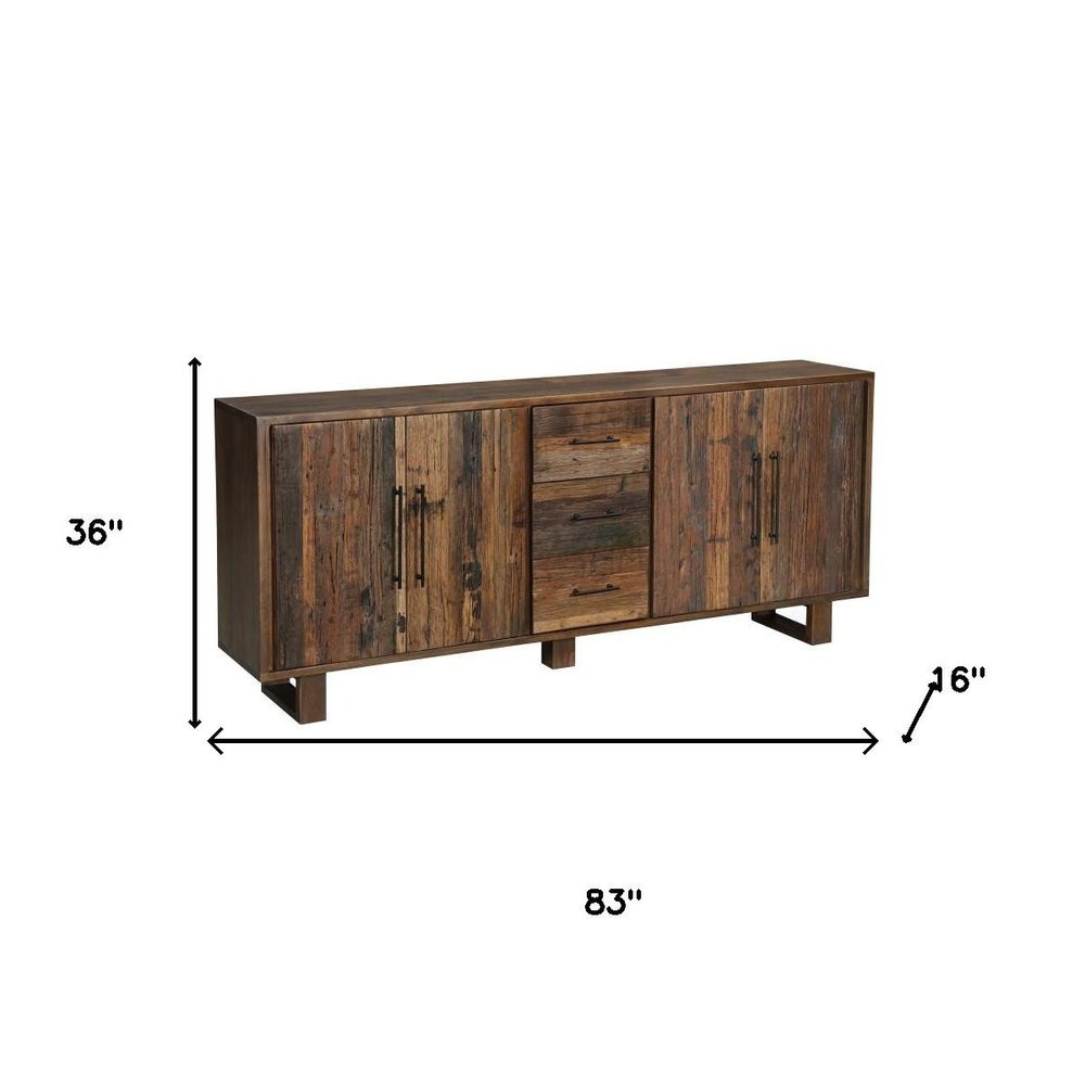 Dark Brown Distressed Reclaimed Wood Three Drawer Sideboard with Four Doors