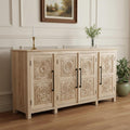 Natural Distressed Solid Wood Carved Floral Sideboard with Four Doors - 74-inch