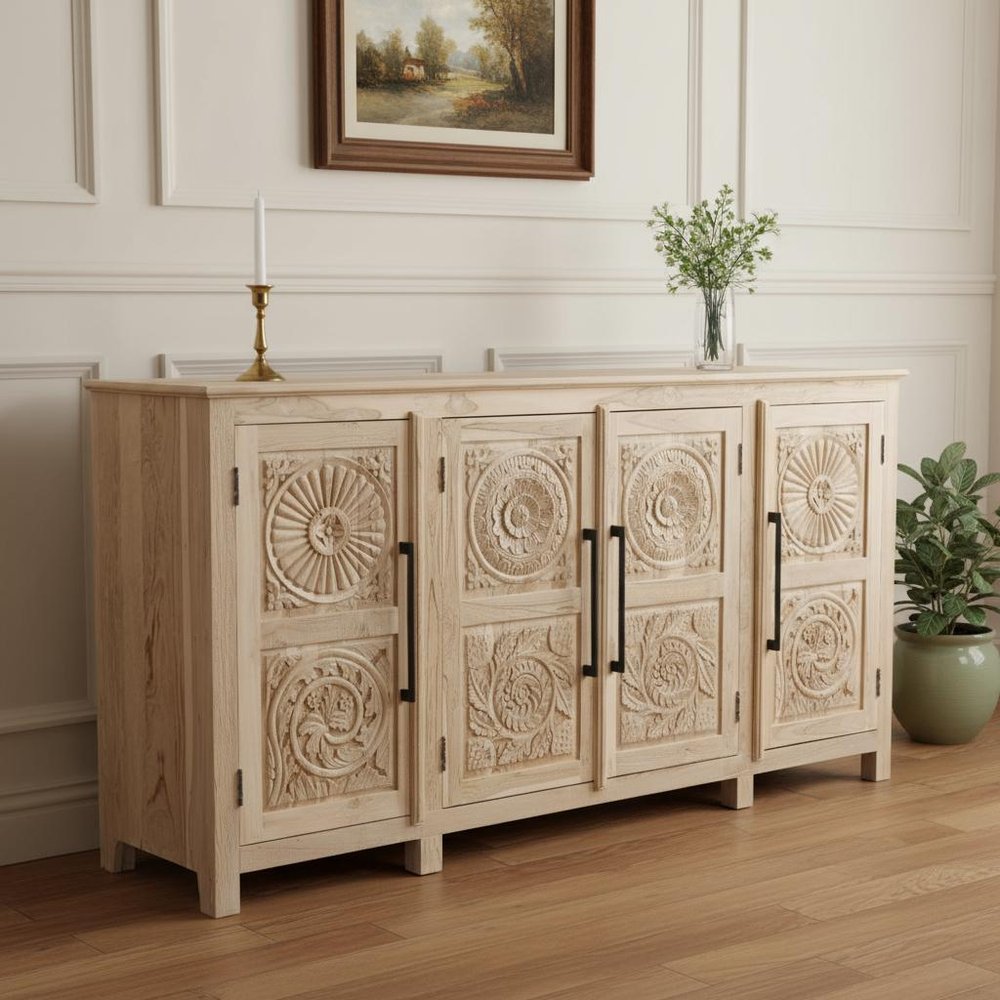 Natural Distressed Solid Wood Carved Floral Sideboard with Four Doors - 74-inch