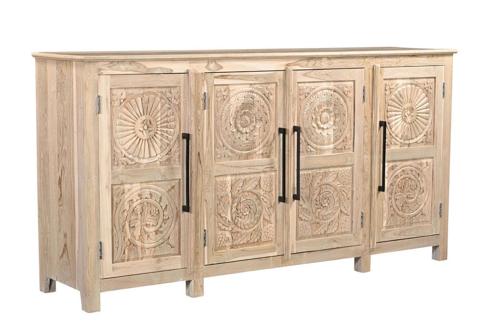 Natural Distressed Solid Wood Carved Floral Sideboard with Four Doors - 74-inch