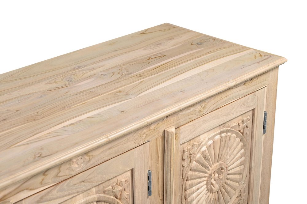 Natural Distressed Solid Wood Carved Floral Sideboard with Four Doors - 74-inch