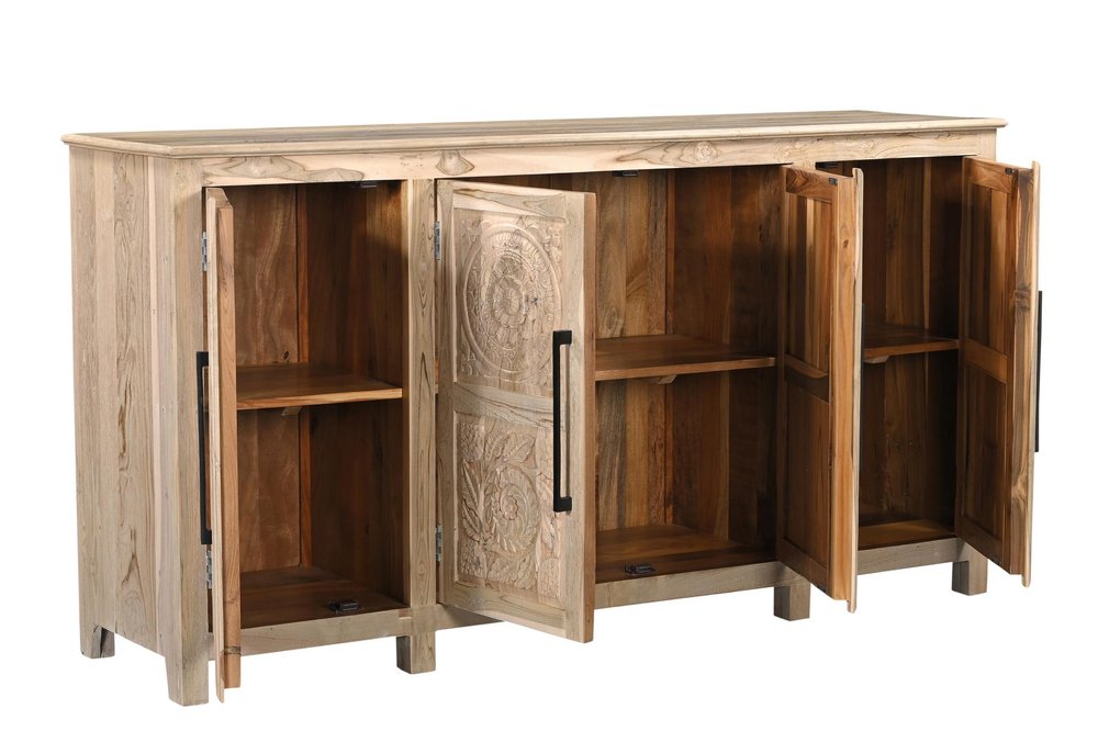 Natural Distressed Solid Wood Carved Floral Sideboard with Four Doors - 74-inch