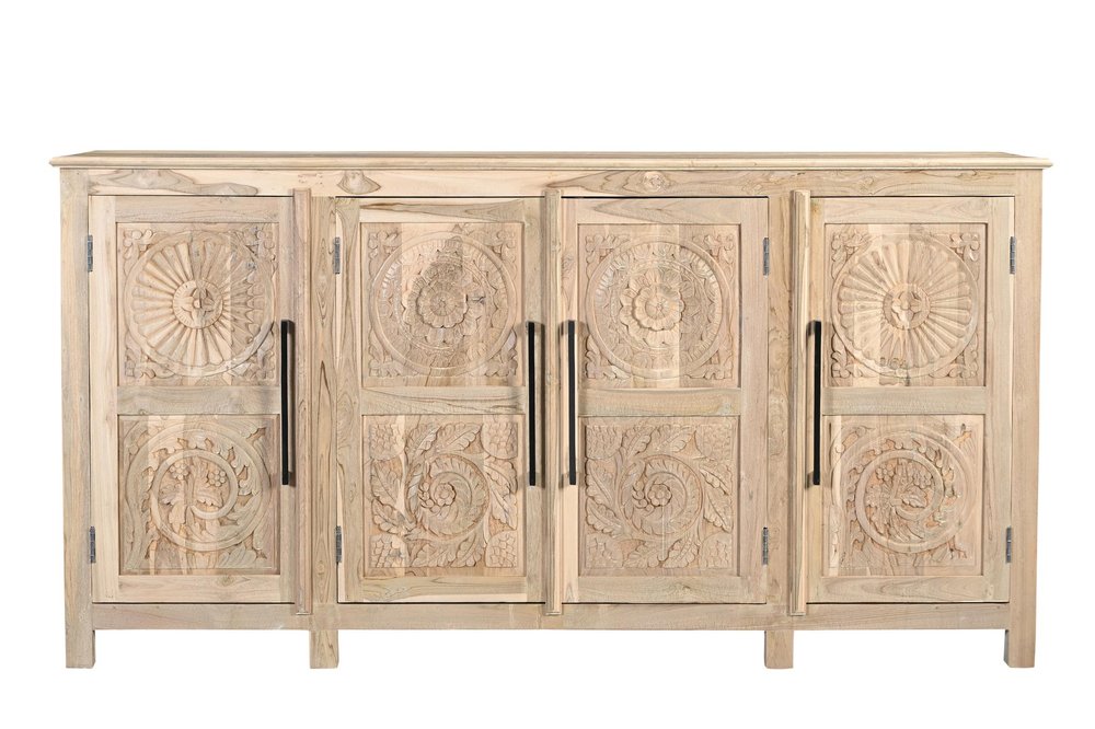 Natural Distressed Solid Wood Carved Floral Sideboard with Four Doors - 74-inch